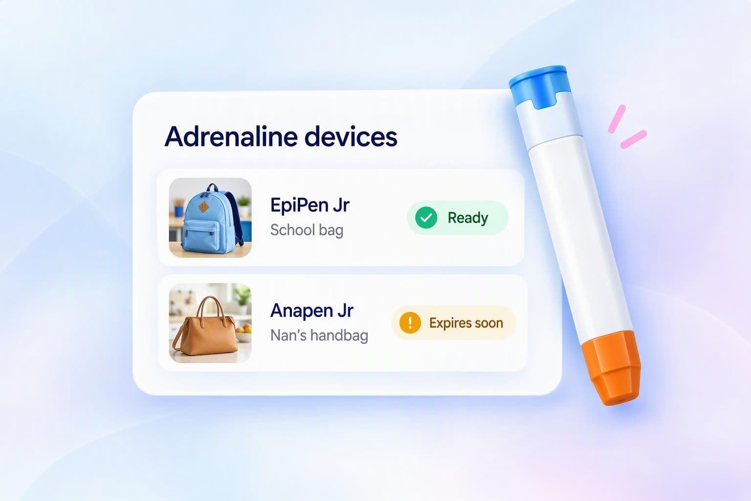 Two adrenaline devices with photos of where they are kept and their status