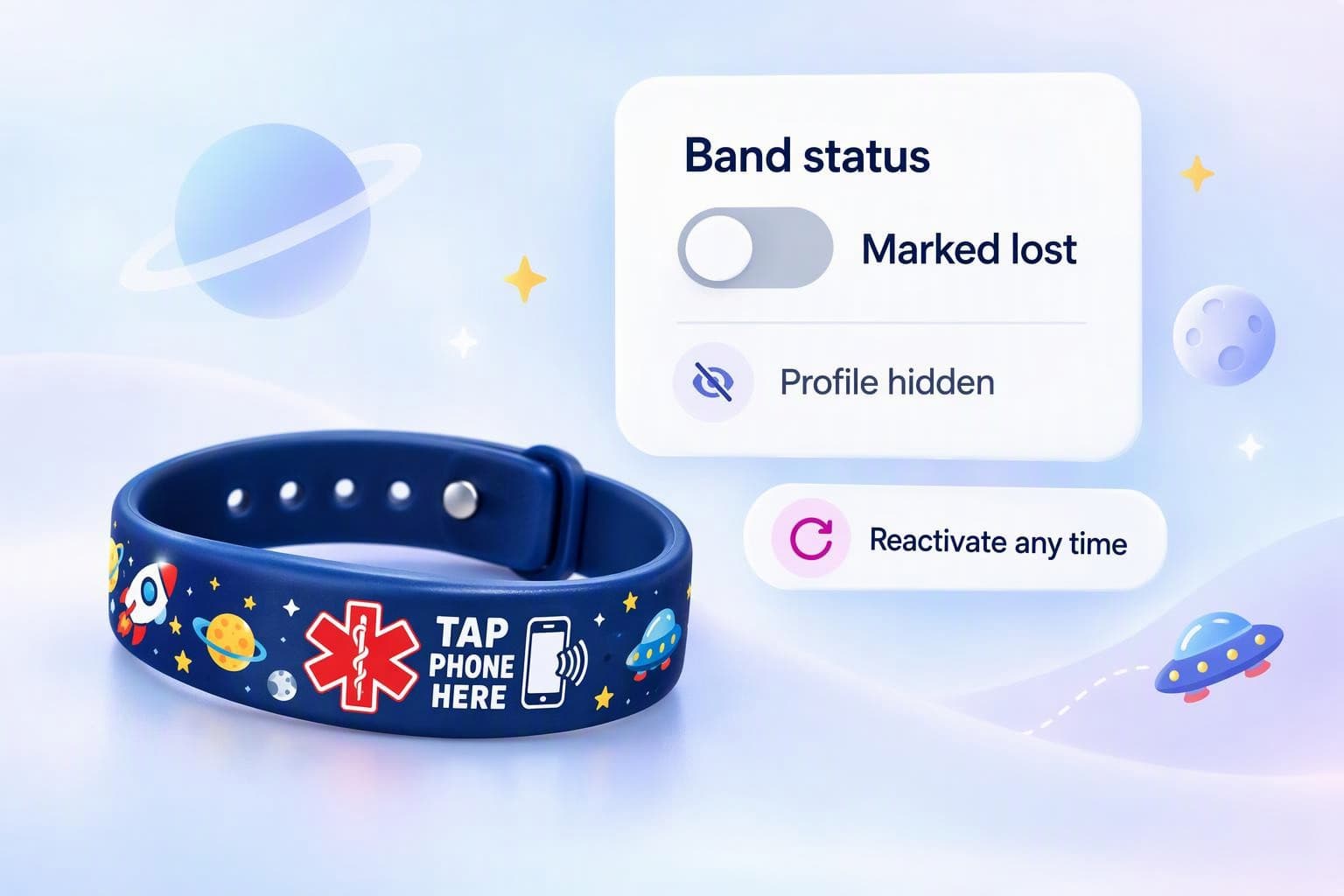 A Space band beside a band status switch turned to marked lost