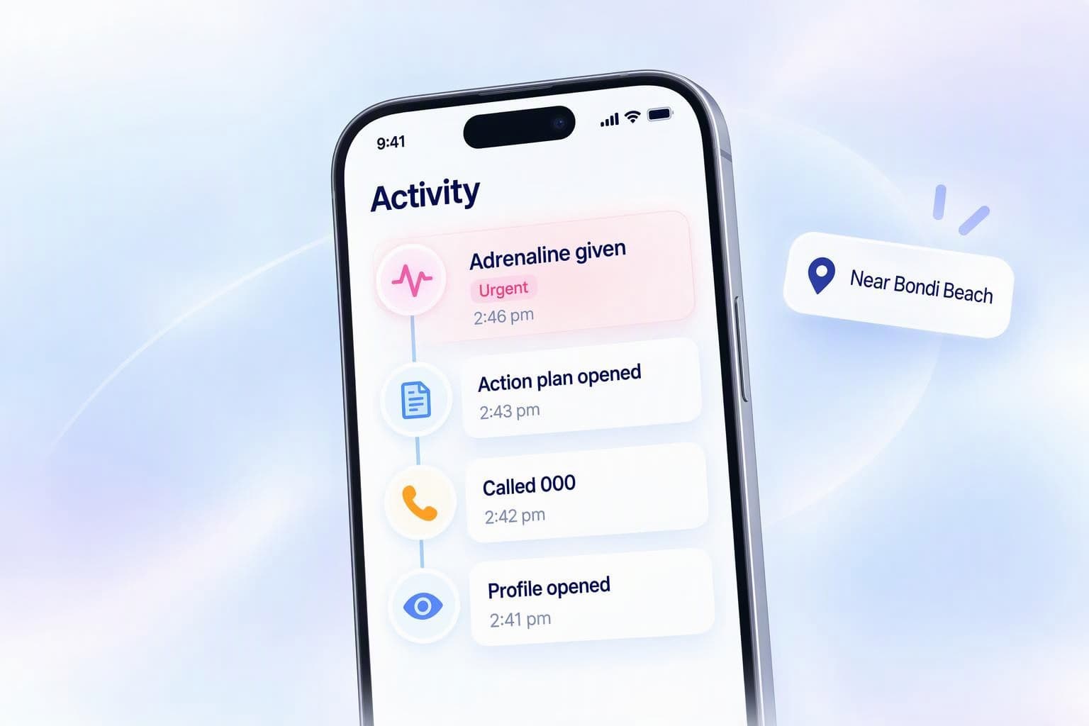 A phone showing an activity timeline with adrenaline given flagged as urgent