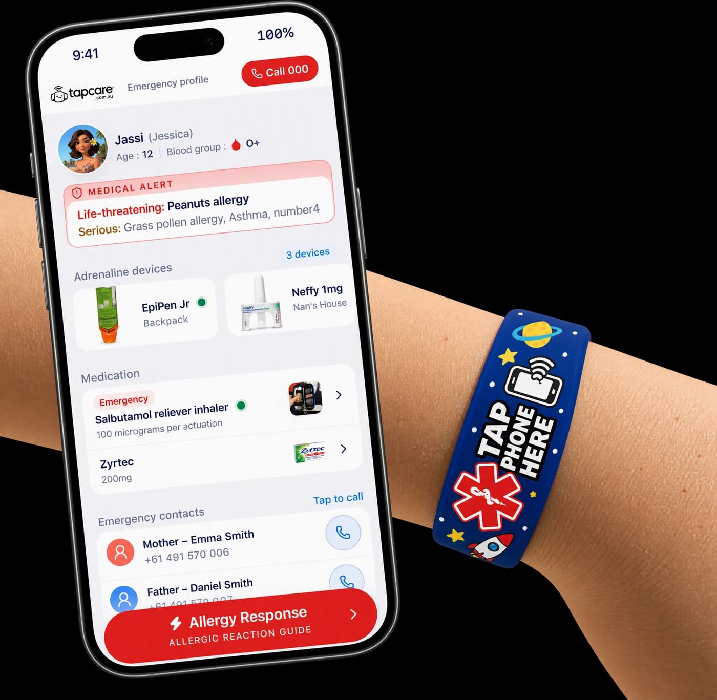 A phone showing a sample emergency profile beside a child’s wrist wearing the Space band