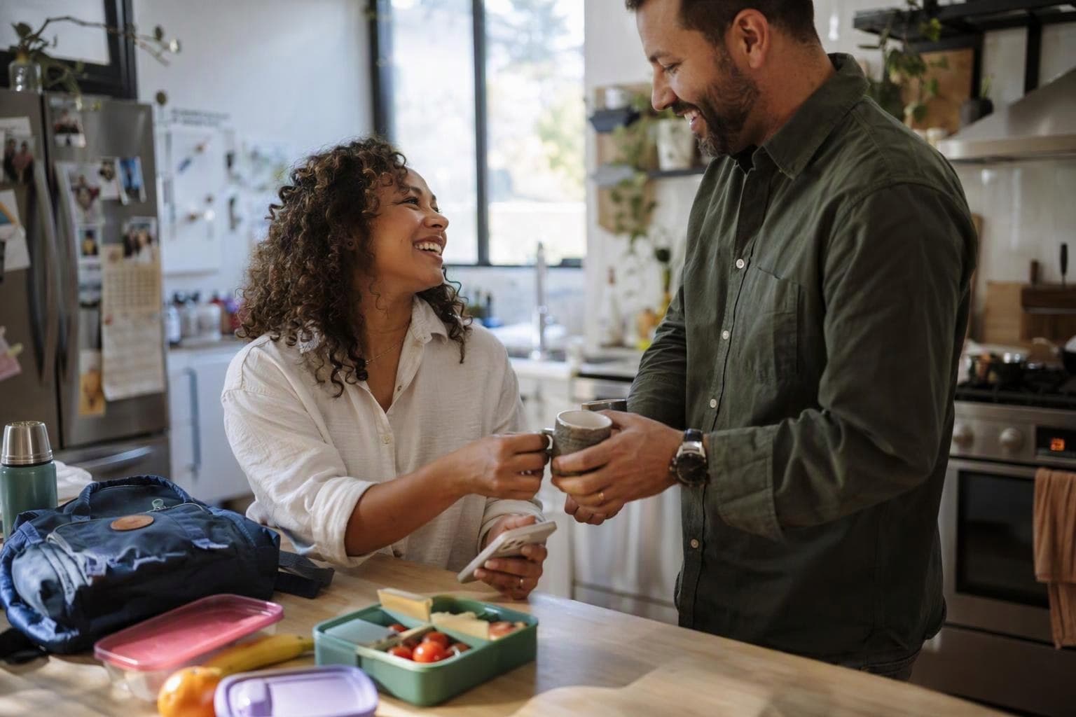 Two parents laughing over coffee at a kitchen bench with packed lunchboxes