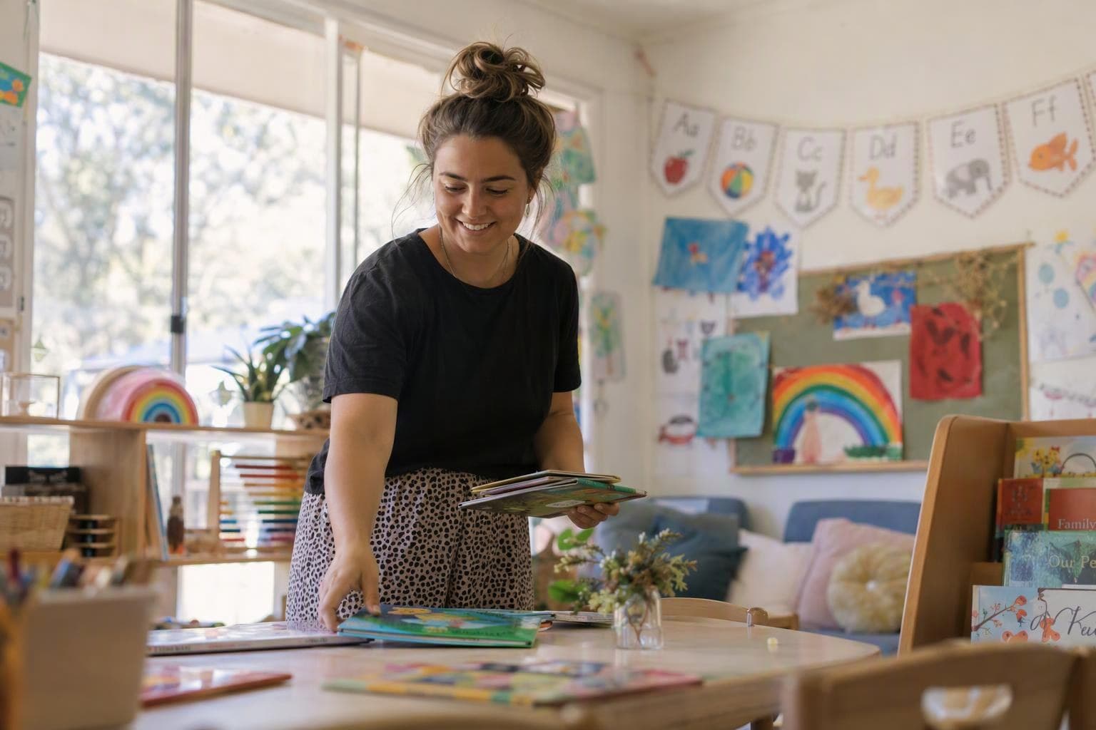 A teacher setting out picture books in a bright classroom